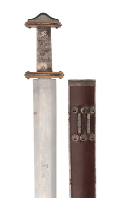 Lot 152 - HEINRICH HIMMLER - A SPLENDID SWORD WITH A NIELLOED SILVER HILT IN THE STYLE OF THE VIKING PERIOD.