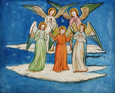 Lot 281 - Glasschilderij van vijf engelen op wolken, continentaal Europa, 20e eeuw