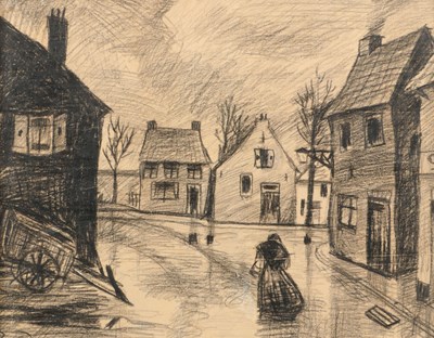 Lot 342 - Limburgs Dorpsgezicht met figuur in regenachtig straatbeeld
