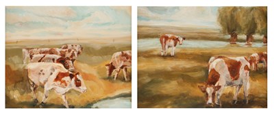 Lot 449 - Twee olieverfschilderijen met Koeien