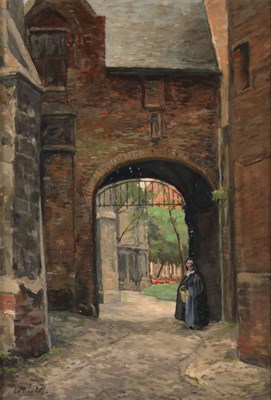 Lot 469 - E.A. Becht (1868-1938) 'Stadspoort met figuur'