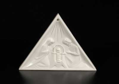 Lot 792 - Triagular Partial Gilt White Glazed Ceramic Relief of the Nativity