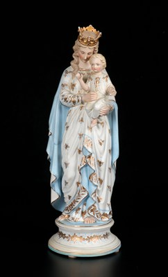 Lot 54 - Large Polychrome Porcelain Figure of the Crowned Madonna and Child, Vieux Bruxelles