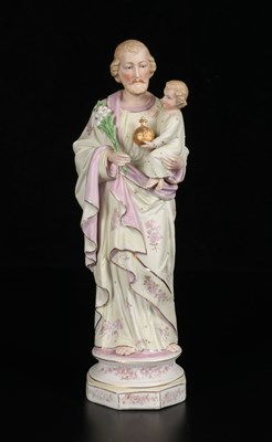 Lot 59 - Polychrome Porcelain Figure of Saint Joseph with the Christ Child, Vieux Bruxelles