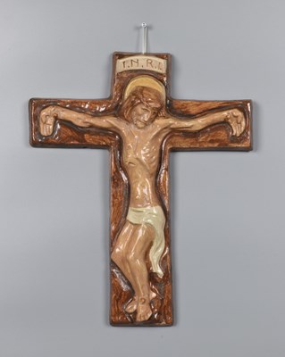 Lot 828 - Polychrome Glazed Ceramic Wall Crucifix by Charles Vos (1888–1954)