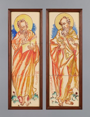 Lot 155 - Pair of Painted Tile Panels of Saint Paul and Saint Peter