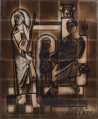 Lot 49 - 30-delig Tegeltableau met Christus voor Pilatus, ca. 1950