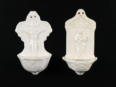 Lot 88 - Pair Holy Water Fonts Depicting Christ on the Cross and Madonna and Child, by Petrus Regout