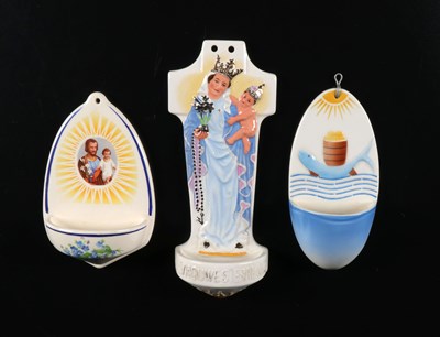 Lot 91 - Three Holy Water Fonts Depicting Religious Scenes, by Société Céramique