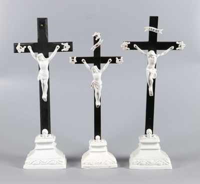 Lot 107 - Three Porcelain Corpus Figures on Wooden Crosses, Vieux Paris.
