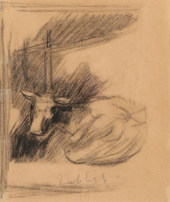 Lot 195 - Houtskooltekening 'Koe in stal'