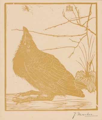 Lot 168 - Jan Mankes (1889-1920) - Kleine kraai kijkend naar mugje 1918 (Houtsnede)