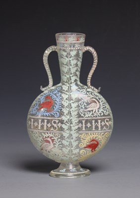 Lot 17 - Italian Enamelled Glass Pilgrim Flask with IHS Monogram and Birds