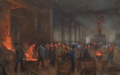 Lot 216 - Herman Heijenbrock (1871-1948) - Staalarbeiders in een fabriek circa 1920 (Pastel)