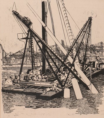 Lot 458 - Houtsnede met havenkranen en scheepswerf