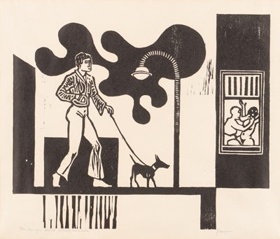 Lot 322 - Fré Cohen (1903 - 1943) – Toen hij zijn hondje uitliet, moest ik aan niets denken 1930 (Houtsnede)