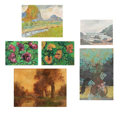 Lot 292 - Lot van zes schilderijen met diverse voorstellingen