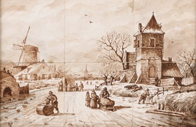 Lot 68 - Zesdelig tegeltableau met winterlandschap en molen, Maastricht