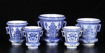Lot 324 - Vijf cachepots met drukdecor ‘Japansch’, Petrus Regout
