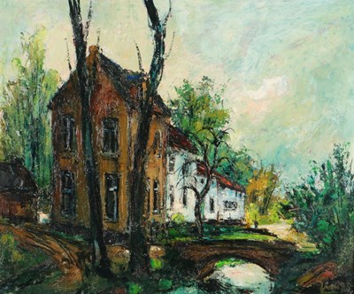 Lot 39 - Olieverfschilderij, 'Huis met Brug'.