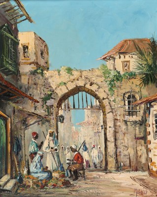 Lot 424 - MIRELLI - Oriëntaals straattafereel met minaret