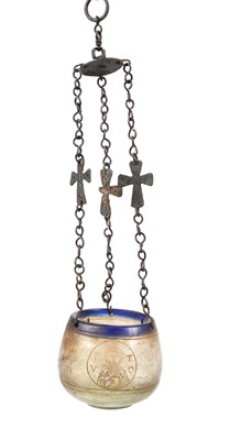 Lot 27 - Byzantine Glass Hanging Lamp with Three Saints