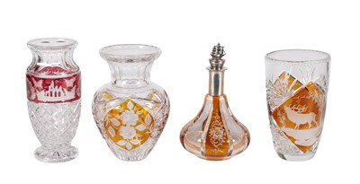 Lot 599 - Decanter with silver stopper and three cut glass vases