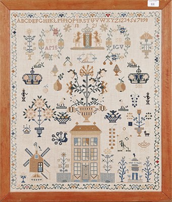 Lot 88 - Ingelijste letterdoek. Gedateerd 1821 en met wapen van Amsterdam