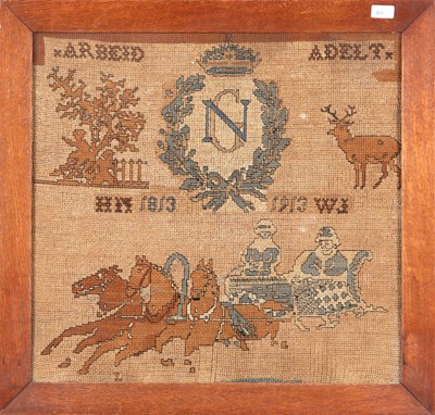 Lot 89 - Ingelijste borduurlap “Arbeid Adelt 1813 - 1913”