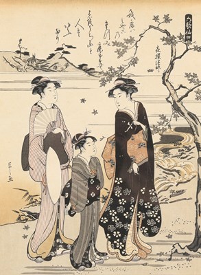 Lot 589 - Japanse Kleurenhoutsnede met drie vrouwen in landschap
