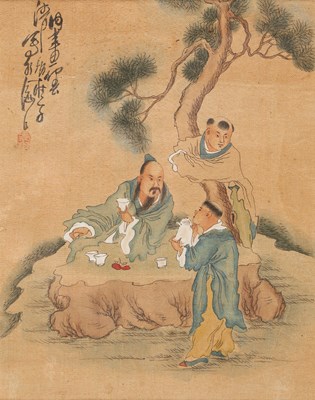 Lot 590 - Japanse Kleurenhoutsnede met drie figuren bij theetafel