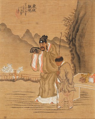 Lot 586 - Japanse Kleurenhoutsnede met figuren in landschap