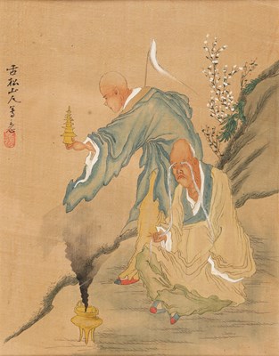 Lot 587 - Japanse Kleurenhoutsnede met twee monniken bij wierookbrander