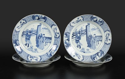 Lot 503 - Set of four Chinese blue and white dishes with figural decoration.
