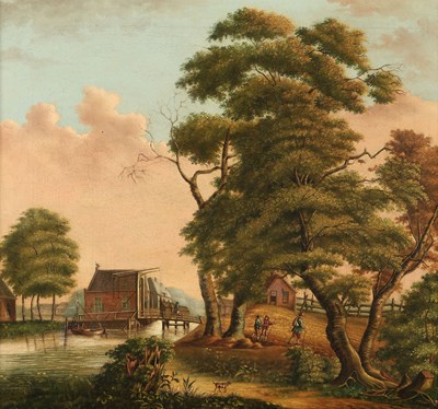 Lot 542 - Rivierlandschap met molen en wandelaars