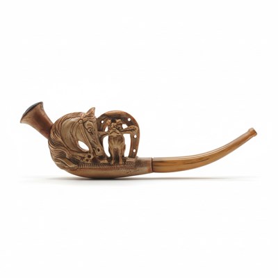 Lot 123 - Meerschuim pijp met paardenhoofd, hoefijzer en hond