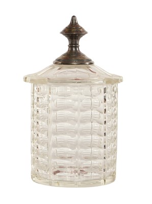 Lot 598 - Crystal biscuit jar with silver finial on the cover