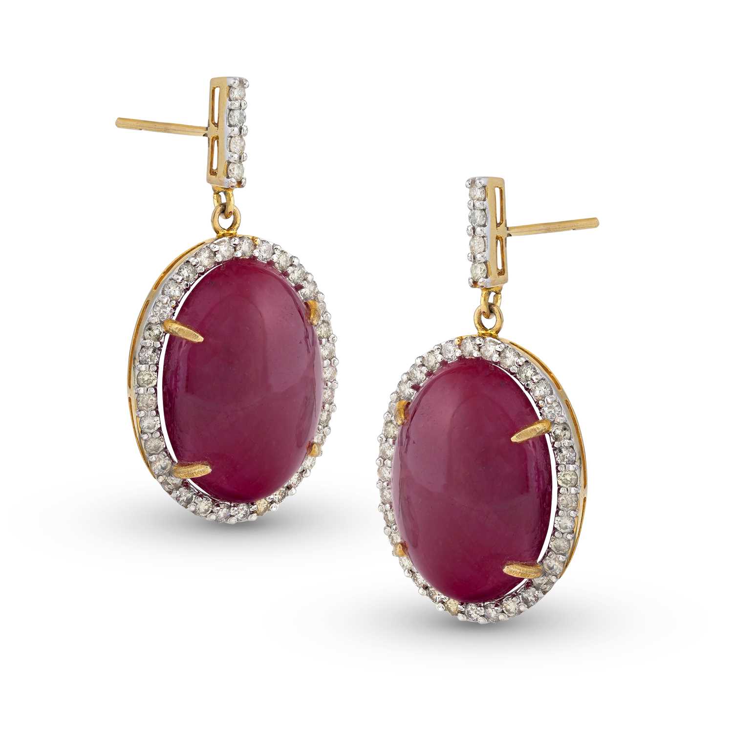 Lot 101 - Gold Ear Pendant each with a 1.48 Carats Ruby and Diamonds