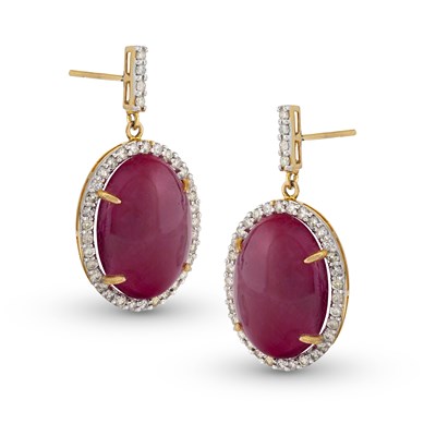 Lot 101 - Gold Ear Pendant each with a 1.48 Carats Ruby and Diamonds