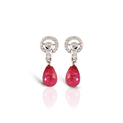 Lot 118 - Pair of Gold Ear Pendants with Tourmaline and Diamonds