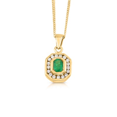 Lot 20 - 18K Gold Emerald and Diamond Pendant with 14K Gold Necklace