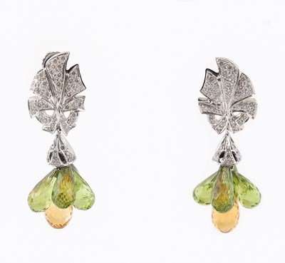 Lot 622 - Pair of Gold Ear Pendants with Diamonds, Peridot and Citrine