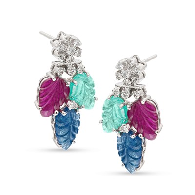 Lot 201 - Pair of Gold Ear Studs with Diamonds, carved Emerald, Ruby and Sapphire