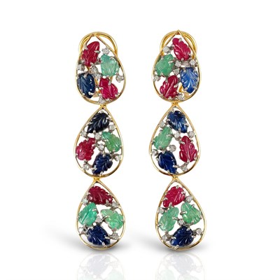 Lot 205 - Pair of Gold Ear Pendants with Diamonds, carved Emerald, Ruby and Sapphire