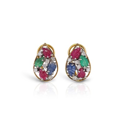 Lot 207 - Pair of Gold Ear Pendants with Diamonds, carved Emerald, Ruby and Sapphire