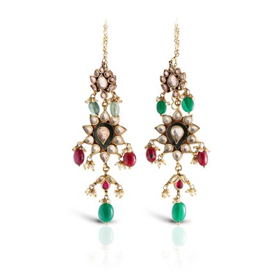 Lot 214 - Pair of Mughal style Gold Ear Pendants with Multi Color Gems
