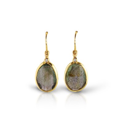 Lot 613 - Pair of 14K Gold Labradorite and Diamond Ear Pendants