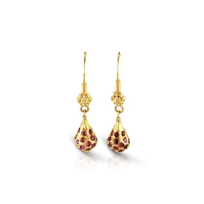 Lot 566 - Pair of 20K Gold, Ruby Ear Pendants