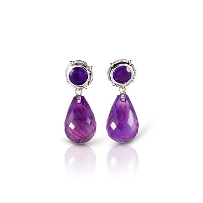 Lot 625 - Pair of 18K White Gold, Amethyst Ear Pendants