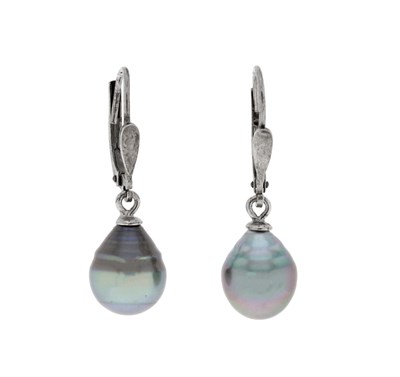 Lot 726 - Pair of Ear Pendants with Cultured Black Tahiti Pearl